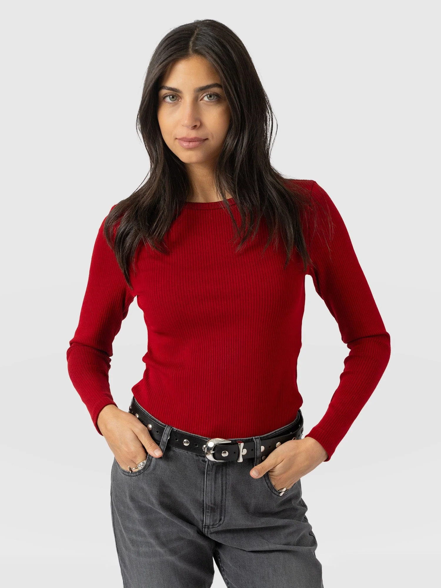 Ribbed Long Sleeve Tee - Deep Red - Image 2