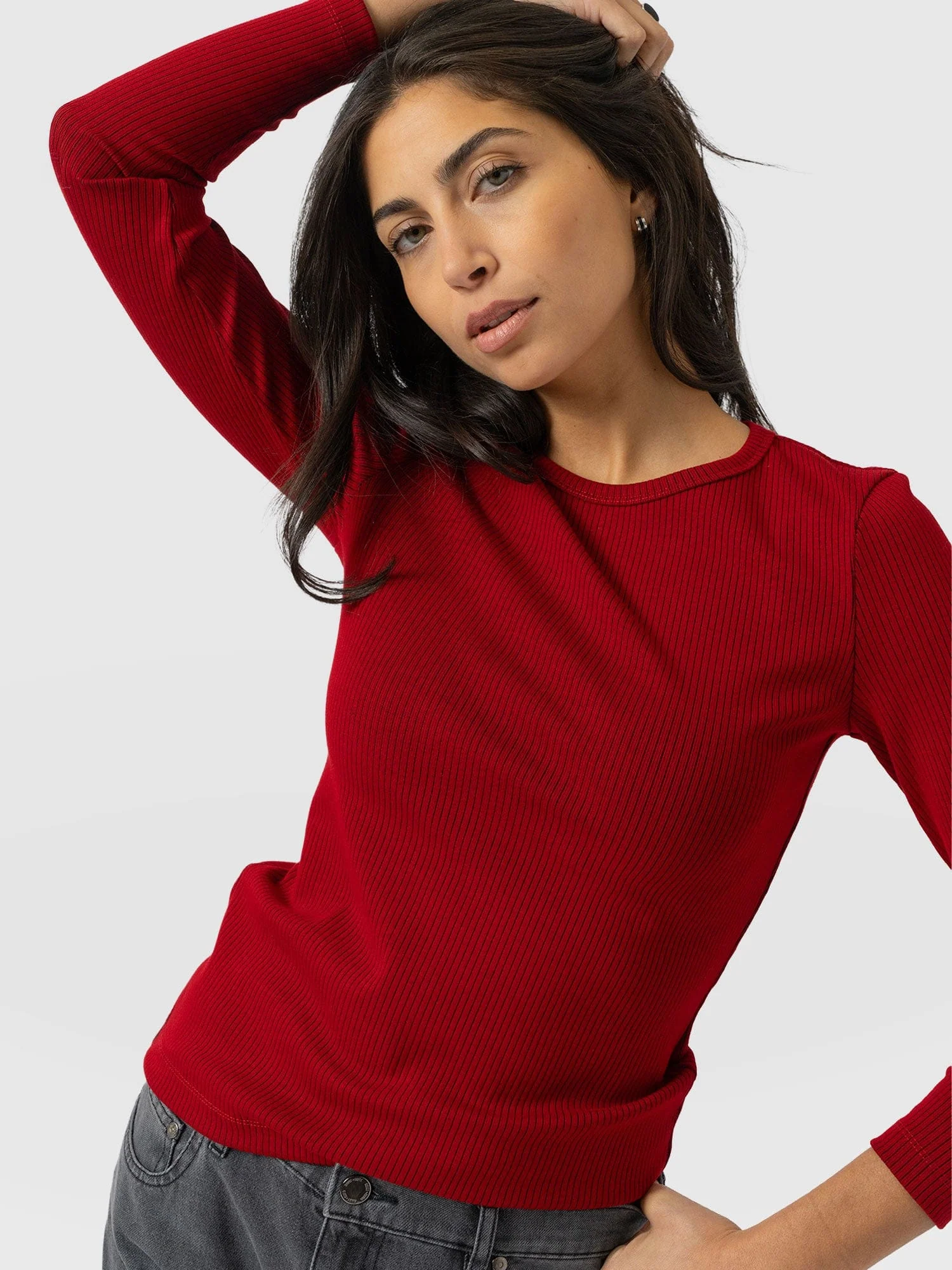 Ribbed Long Sleeve Tee - Deep Red - Image 3