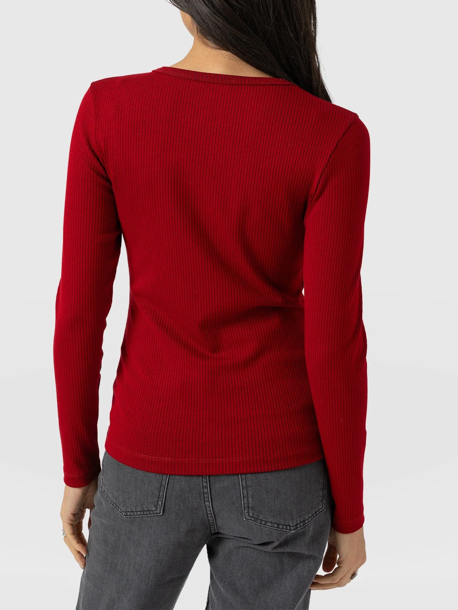Ribbed Long Sleeve Tee - Deep Red - Image 6
